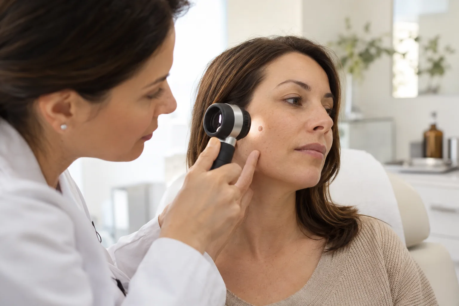 Dermatologė šviesiame kabinete dermatoskopu apžiūri rudą dėmę ant pacientės skruosto