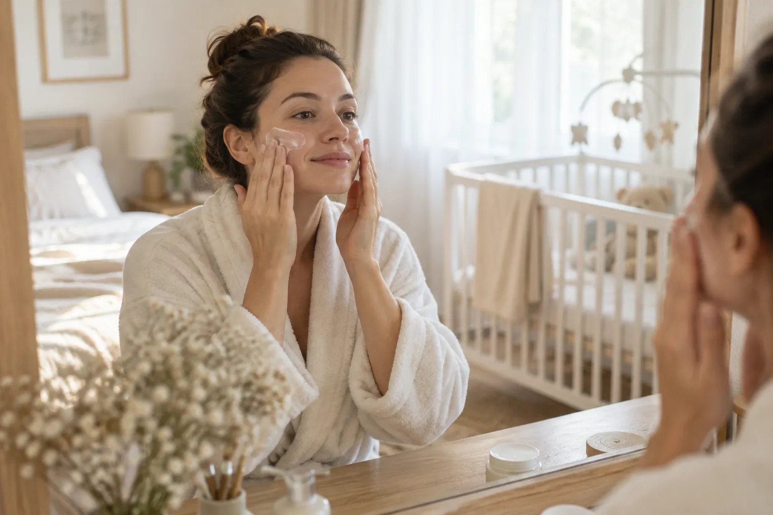 Jauna mama prie veidrodžio švelniai įmasažuoja kremą į skruostus, fone matyti kūdikio lovelė