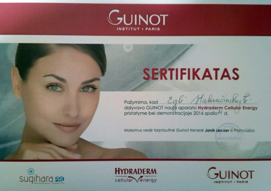 2016 guinot hydradermie sertifikatas